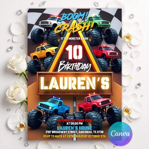 Op de afbeelding: Een verjaardagsuitnodigingskaart met monstertrucks in wit, groen, geel, rood en blauw. De tekst luidt BOOM! CRASH! IT'S A MONSTER BASH! 10 BIRTHDAY LAUREN'S. Bevat datum, tijd, locatie en RSVP-details op een geblokte achtergrond.
