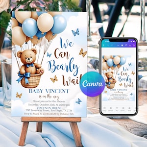 Digital invitation that can be edited in the text section with a charming "We Can Bearly Wait" baby shower theme, conceived as a hot air balloon concept, featuring a cute teddy bear wearing a blue bow tie sitting in a woven basket attached to a large cluster of blue, white, and cream balloons, with watercolor butterflies fluttering around against a soft, cloudy sky background, size 5x7 inches.