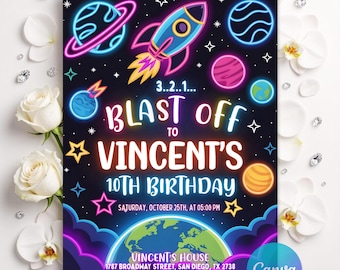 Invitación de cumpleaños con temática espacial neón, invitación de fiesta galáctica, invitación de cumpleaños de astronauta en el espacio exterior, planetas con cohetes espaciales, editable en Canva