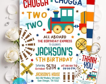 Train Birthday Invitation, Chugga Chugga Choo Choo Invitation, Two Two 2nd Birthday Invite, Second Birthday Party Boy, Editable Canva