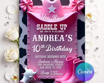Editable Pink Cowgirl Birthday Invitation, Yee Haw Rodeo Any Age Pink Boots Western Printable Digital Canva Template