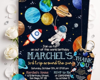 Plantilla de invitación de cumpleaños del espacio exterior, invitación de astronauta, cohete espacial, invitación de despegue galáctico, editable en Canva