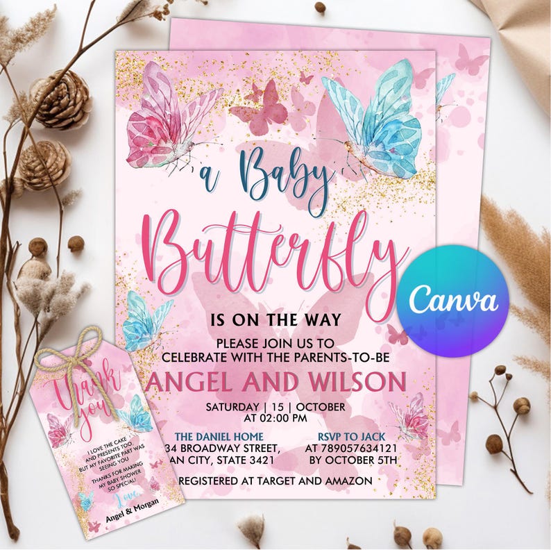 Editable Butterfly Baby Shower Invitation, Pink and Gold Baby Shower ...