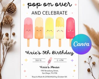 Popsicle Birthday Invitation, Summer Party Birthday Invitation, Ice Cream Party Invite, Popsicle Invitation, Editable Canva Template