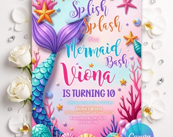 Invitación de cumpleaños de cola de sirena, invitaciones de sirena, fiesta de cumpleaños de sirena caprichosa, invitación de cumpleaños de sirena bajo el mar, Canva editable