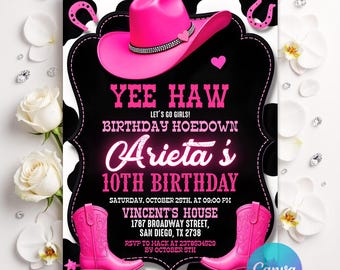 Invitación de cumpleaños de vaquera rosa, invitación country western, invitación para fiesta de cumpleaños estilo cowgirl hoedown, invitación glamurosa, plantilla editable de Canva