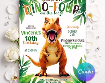 Dino-Four 4th Birthday Invitation Template, Editable T-Rex Dinosaur Party Invite, Green Orange Jurassic Digital Canva Download