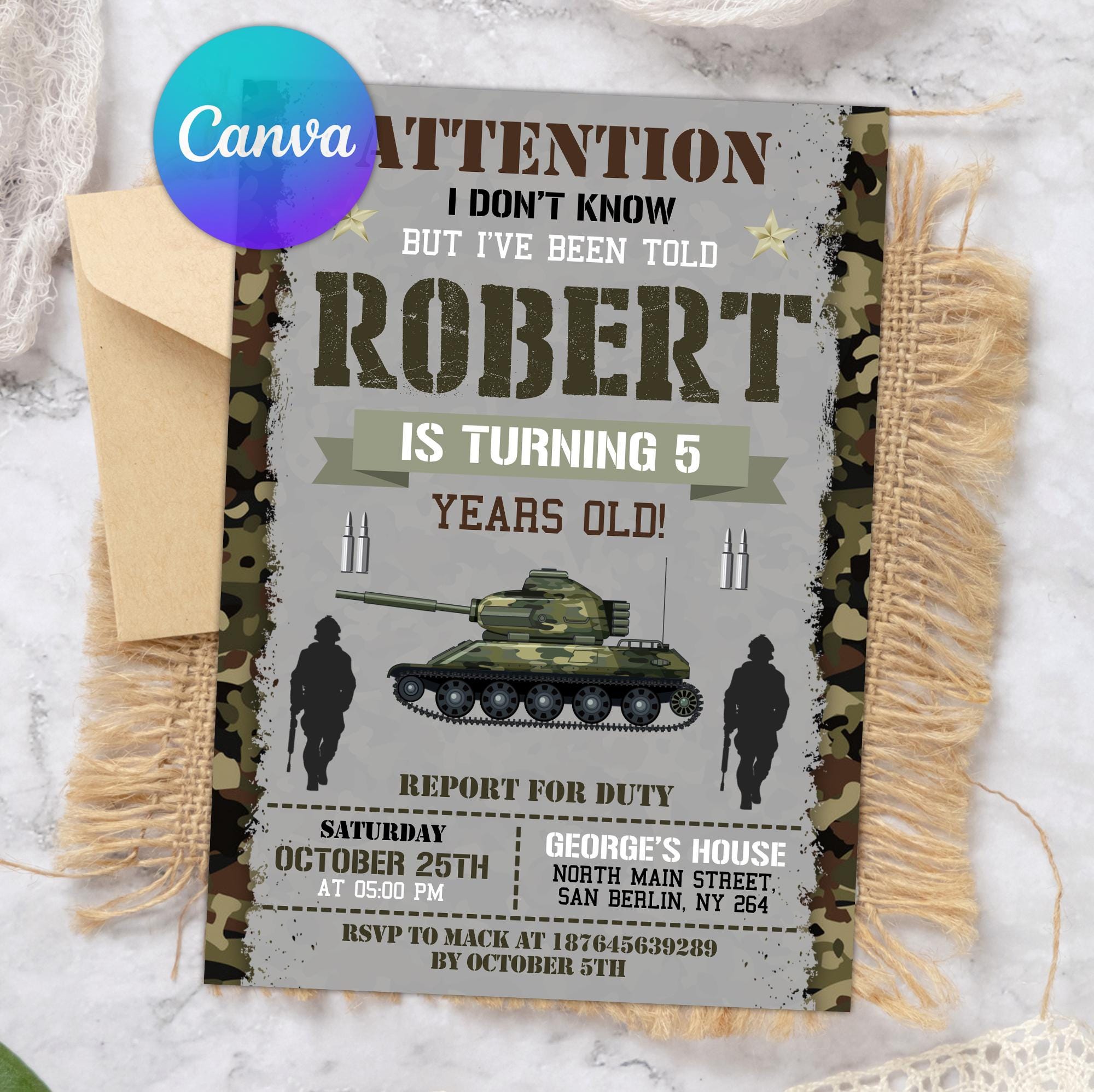 Editable Military Party Invitations, Army Birthday Invitation, Soldier ...