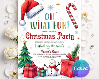 Editable Christmas Party Invitation, Oh What Fun Holiday Family Invite, Digital Printable Canva Template