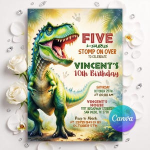 Five-A-Saurus verjaardagsuitnodiging, T-Rex dinosaurus feestuitnodiging, Jungle Adventure Dino Celebration, bewerkbare canvassjabloon