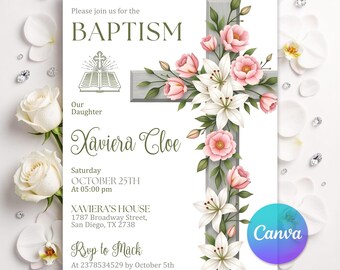 Vintage Floral Baptism Invitation, Christening Invitation Dusty Pink Template, Girl Flower Invitation Template, Elegant Invitation