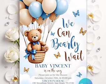Bear Baby Shower Invite, Blue Boy Boho Bear Baby Shower, We Can Bearly Wait Invitation, Blue Bear Invite for Boys, Editable Canva Template