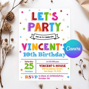 May include: A colorful birthday party invitation with the text "LET'S PARTY" in bold, outlined letters. The invitation includes the name "VINCENT" and details for the 10th birthday celebration, including the date, time, and location.