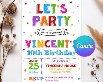 Einfache Bunte Geburtstagseinladung, Let's Party-Einladung, helle und fröhliche Party, druckbare Einladung, jedes Alter, bearbeitbare Canva-Vorlage