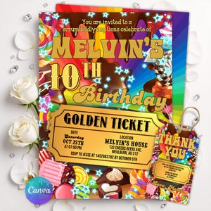 Plantilla de invitación para fiesta de cumpleaños con temática de fábrica de chocolate, descarga instantánea, cualquier edad, dulces, editable en Canva.