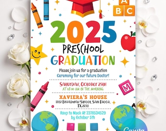 Invitación de graduación preescolar, invitación de graduación de preescolar, invitación de graduación preescolar Clase de 2025, plantilla editable de Canva