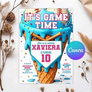 Bearbeitbare Baseball Tropf-Geburtstags-Einladung, Eis-Tropf-Geburtstags-Einladung, Sport-Thema-Party, Softball-Tropf, sofortiger Download