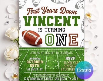 Editable Football Birthday Invitation, First Year Down, Football Birthday, First Birthday Invite, Boy 1st Birthday, Game On, Canva Template