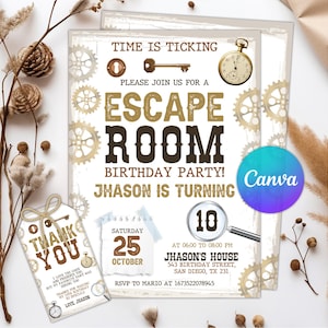 Editable Escape Room Birthday Party Invitation: Detective Game Night (Digital Canva Template)