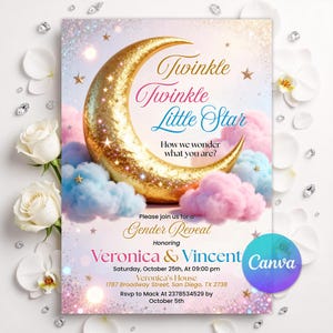Convite para Chá de Revelação "Brilha, Brilha Estrelinha", Lua Dourada e Nuvens, Revelação de Gênero (Menino ou Menina), Modelo Editável no Canva