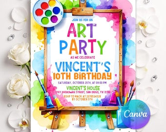 Invitación editable para fiesta de cumpleaños con temática artística, paleta de pintura colorida, imprimible para niños artistas, fiesta de arte con temática de manualidades, descarga digital instantánea