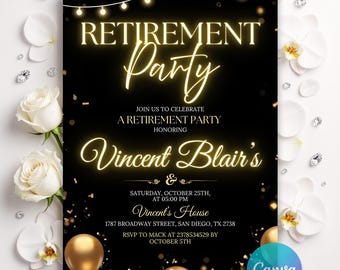Retirement Party Invitation, Retirement Party It's a Surprise, Retirement Dinner Elegant Black White Gold Sparkle Glitter, Editable Canva