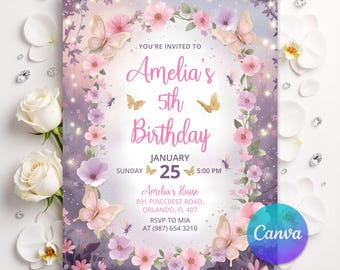 Invitación de cumpleaños de mariposa, fiesta de mariposas para niña, invitación de cumpleaños de mariposa morada, invitación para el primer cumpleaños, plantilla editable de Canva