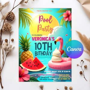 Editable Pool Party Invitation, Pool Brthday Invitation, Neon Glow Invitation, Tropical, Swimming Pool Party Invite, Instant Download