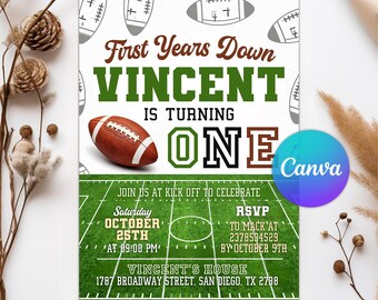 Editable Football Birthday Invitation, First Year Down, Football Birthday, First Birthday Invite, Boy 1st Birthday, Game On, Canva Template