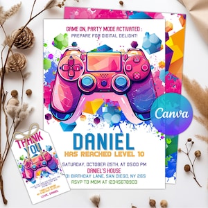 Gamer Editable Video Game Birthday Invitation, Gamer Girl Birthday Party, Neon Game Level Up Birthday Party, Glow Game Party LEVEL UP INVITE