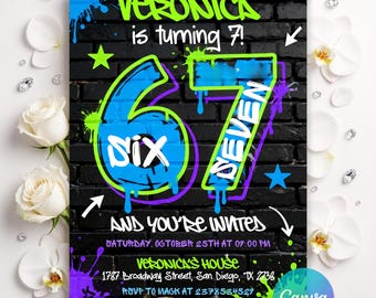 Six Seven Birthday Party Invitation,  6 7 Meme, 7th Birthday Invite, Digital Download,  Editable Canva Template