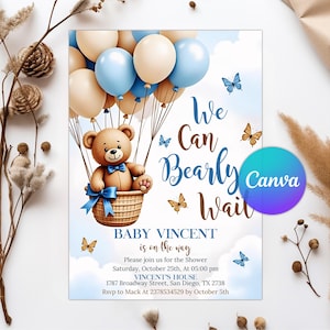 May include: Baby shower invitation with a teddy bear in a wicker basket, held up by blue and beige balloons. The invitation includes the text "We Can Bearly Wait" and details for Baby Vincent's shower.