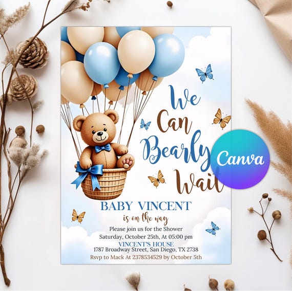Bear Baby Shower Invite, Blue Boy Boho Bear Baby Shower, We Can Bearly Wait Invitation, Blue Bear Invite for Boys, Editable Canva Template