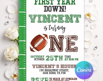 First Year Down Football Birthday Invitation: Sports Party, Canva Edit (PDF Download