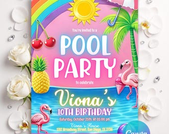 Neon Pool Party Birthday Invitation, Glow Pool Party, Pool Party Birthday Invitation, Tropical tie dye, Swimming Pool Party, Editable Canva