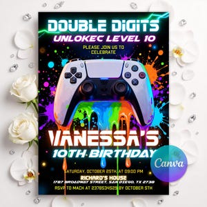 Double Digit Birthday Invitation, Video Game Gamer Party, Unlocked Level, Neon Drip Glow, Arcade Celebration, Editable Canva Template