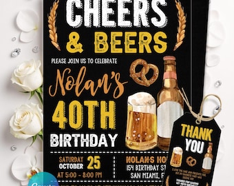 Editable Cheers and Beers Invitation, Adult Birthday Party Invitation, Surprise Birthday Invite, Cheers and Beers Modern Any Age Invitation