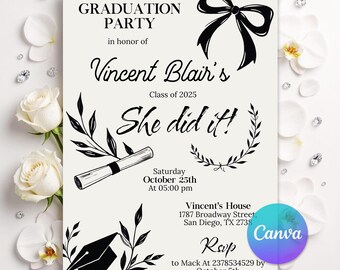 Black Bow Graduation Party Invitation, Minimalist Graduation Invitation, Graduation Announcement, Grad Party Invite, Canva Template
