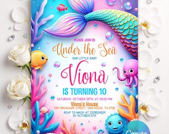 Invito di compleanno a tema sirena modificabile, invito per festa a tema sottomarino, modello Canva, invito di compleanno stampabile per bambina con coda di sirena
