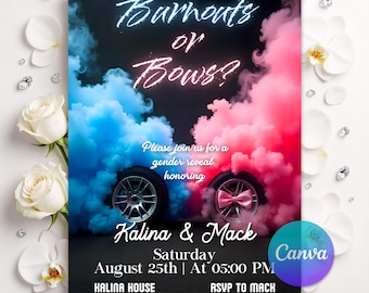 Editable Burnouts or Bows Gender Reveal Baby Shower Invitation, Boy or Girl, He or She Gender Reveal Invite, Burnouts or Bows invitation