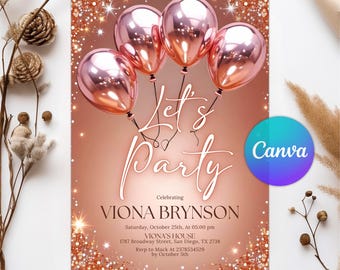 Rose Gold Birthday Invitation, Rose Gold Party Invitation, Rose Gold Invitation Template, Printable, Editable Canva Template