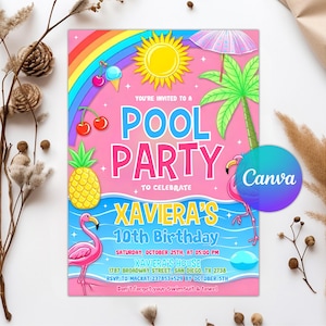 Editable Pool Birthday Invitation, Glow Neon Tie Dye Invite, Summer Birthday Party, Neon Pool Party Invitaton, Instant Download