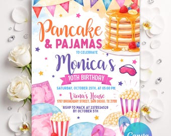 Pancakes and Pajamas Invitation, Pancakes and Pajamas Birthday Invitation, Pancake Invitation, Girl Birthday Party, Editable Canva Template