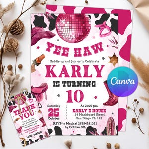 Cowgirl Birthday Invitation, Nashville Party, Pink Cowgirl Party Invite, Space Cowgirl Birthday, Disco Rodeo Invite, Editable Canva Template
