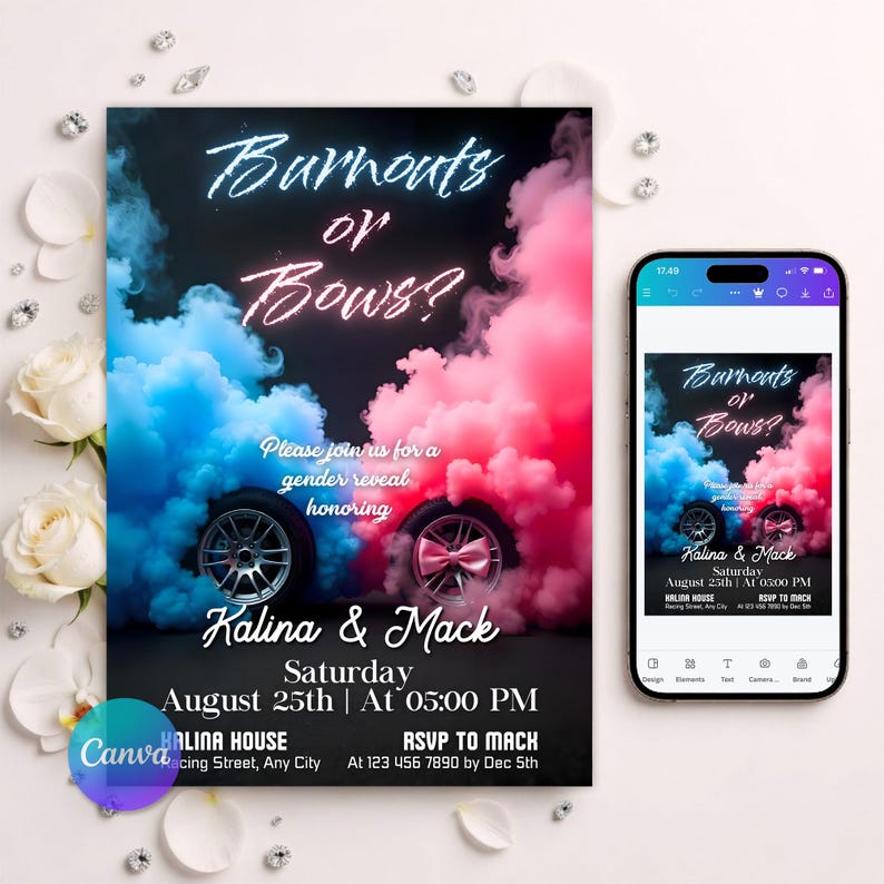 Editable digital invitation for a Gender Reveal party with a 'Burnouts or Bows' car theme. Features a dark, smoky background, two car tires emitting vibrant blue and pink smoke, and a pink bow on one wheel.