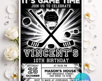 Editable Ice Hockey Birthday Invitation, Hockey Party Template, Sports Theme Invite, Customizable Digital, Printable, Instant Download