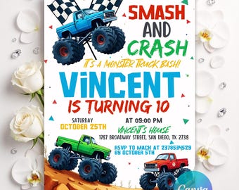 Monster Truck Invite, Editable Monster Truck Birthday Invitation Template For Boys, Trucks Birthday Invite, Monster Truck Invitation