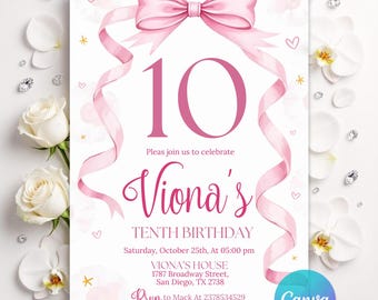 Invitación de cumpleaños con lazo rosa, invitación de cumpleaños rosa para niña, invitación coqueta con lazo rosa, invitación de cumpleaños con cinta rosa para niña, lienzo de 5x7