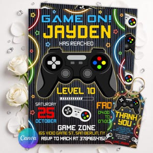 May include: A birthday invitation and matching tag featuring a black background with neon circles, a large game controller, and the text GAME ON! JAYDEN HAS REACHED LEVEL 10. Includes event details for Saturday 25 October at Game Zone, 165 Vidio Game St.