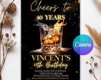 Whiskey Birthday Invitation, Surprise Party Invite, Adult Theme, Cognac Scotch Liquor, 30th 40th 50th, Editable Canva Template